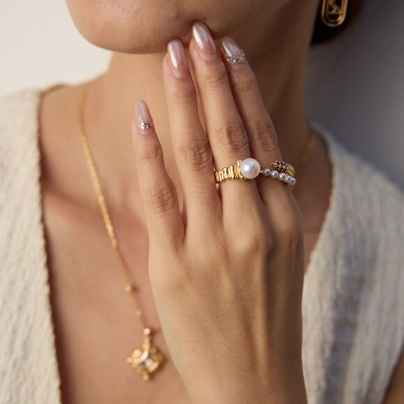 ✨ Artisan Original Laurel Leaf & Dangling Pearl Ring | S925 Gold Adjustable - Picture 10 of 12